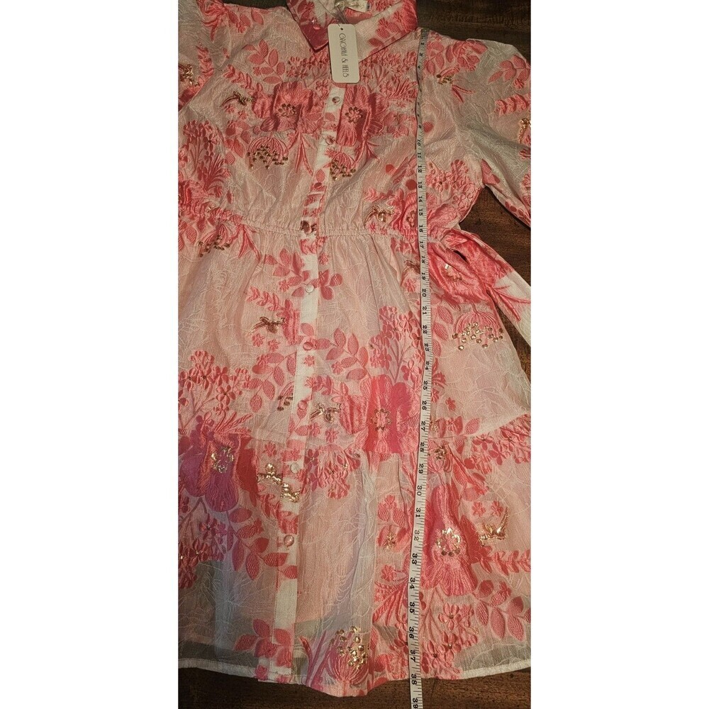 Gingham & Heels Glazer Pink Brocade Embroidered Floral Mini Belt Dress Size 16 - Picture 9 of 16